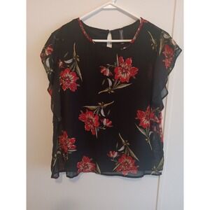 Massini Womens Black Floral Ruffle Cap Sleeve Chiffon Blouse Top Small